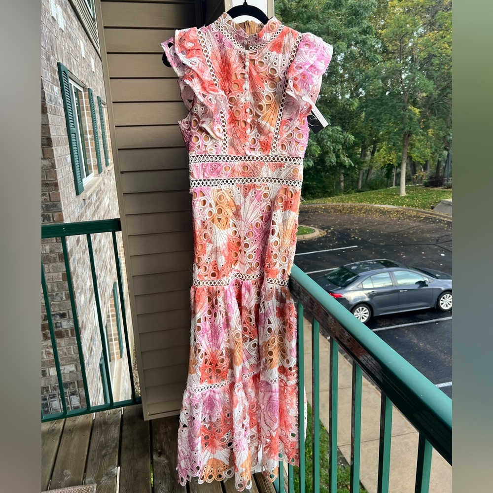 🆕 Dalia MacPhee Eyelet Embroidered Midi Dress Floral Ruffle Wedding Size Small - Picture 4 of 17